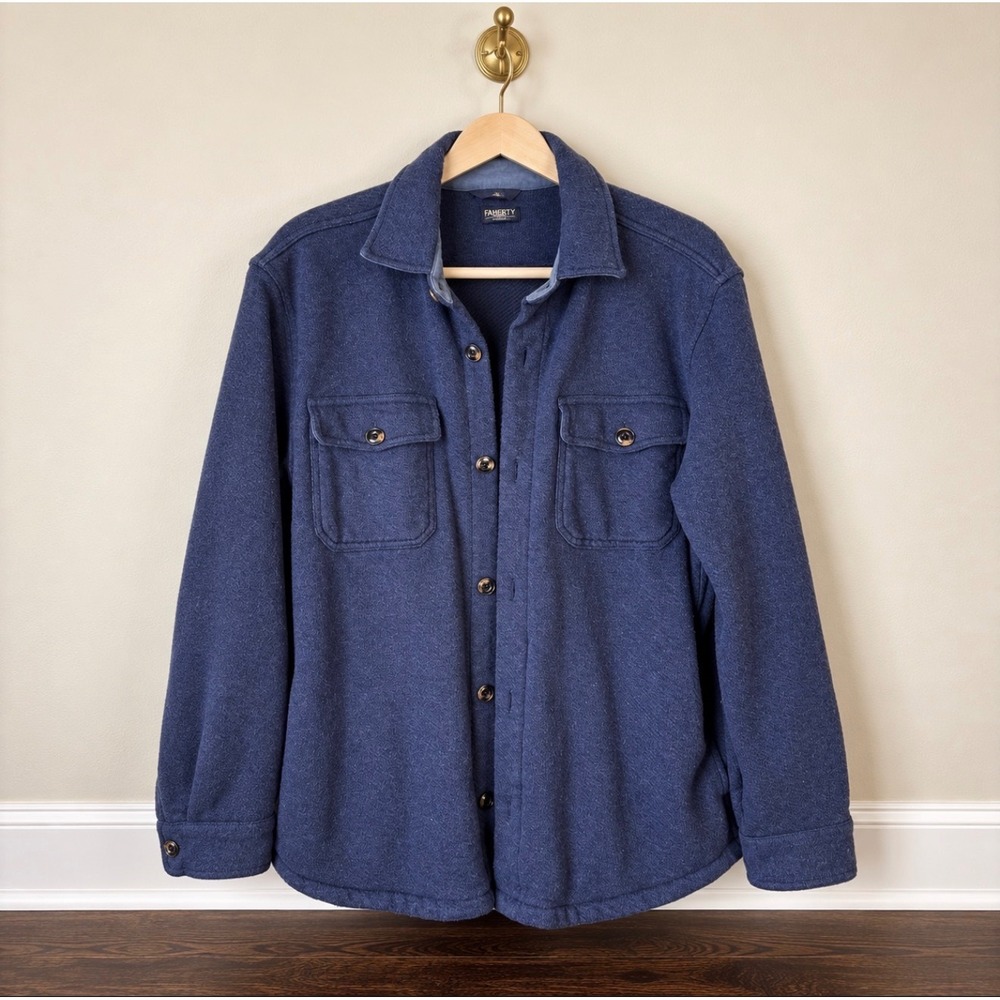 Faherty Reserve Mens Knit Shirt Jacket Navy Blue Button Front Large L